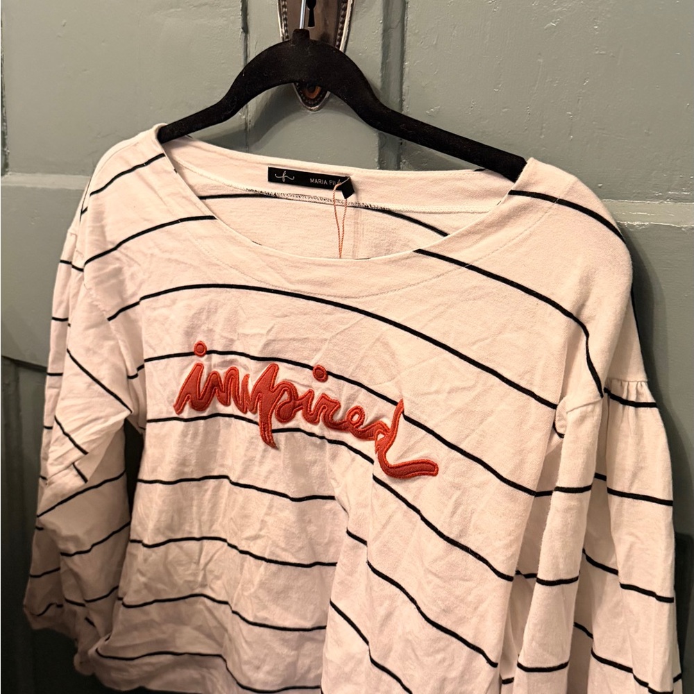 Striped White Crewneck Sweatshirt with Orange 'Inspired' Stitching